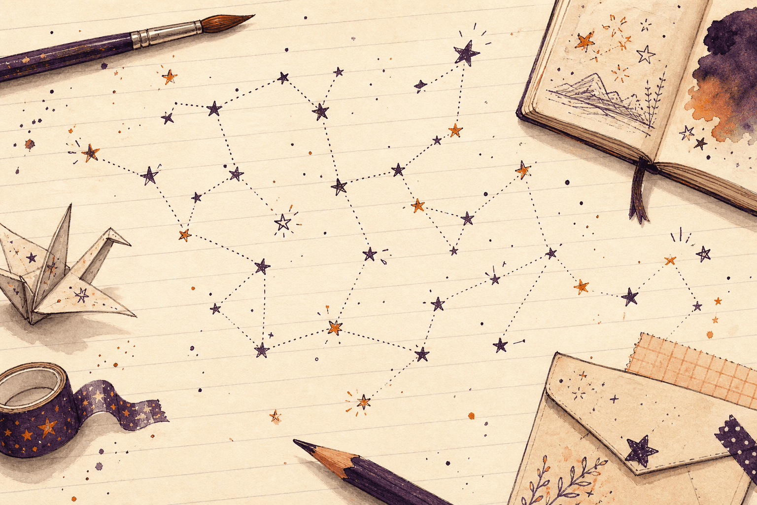 Hand-drawn ink constellation across a cream notebook page, with a paintbrush, pencil, paper crane, washi tape and a little envelope sketched in the margins.